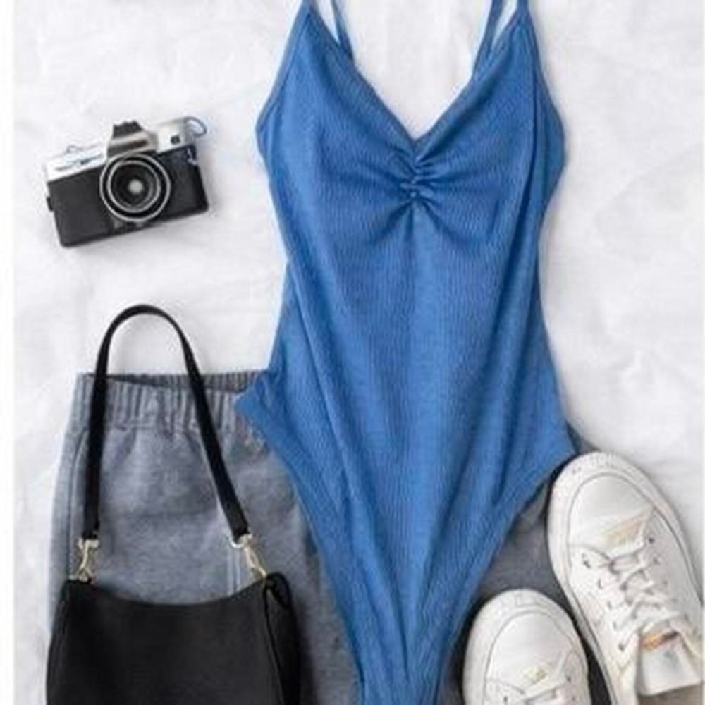 Blue Ribbed Ruched Bodysuit Minimalist Y2K Spaghetti Strap Tank XS